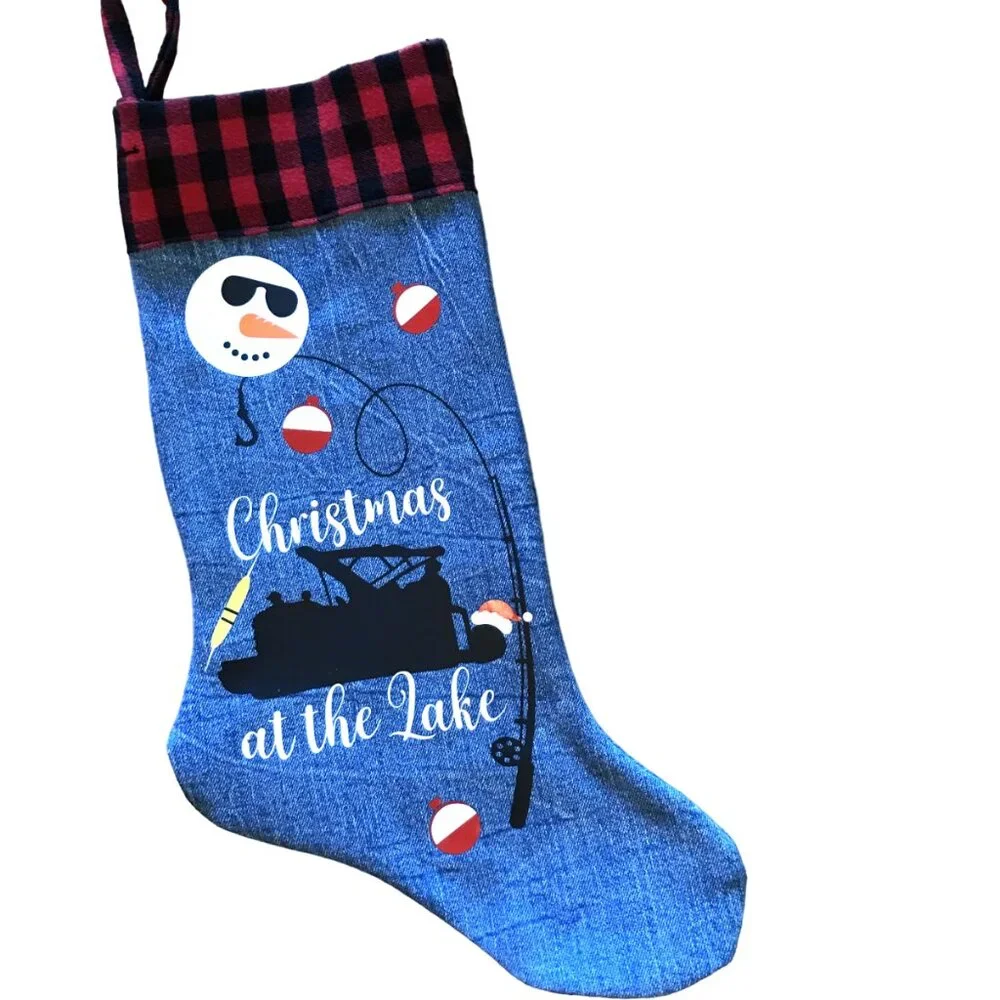 Denim Christmas Stocking, Lake House Fishing Decor Pontoon Boat Snowman